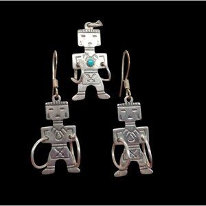 Bell Trading Hopi Hoop Dancer Earrings Pendant Set Sterling Silver Turquoise
